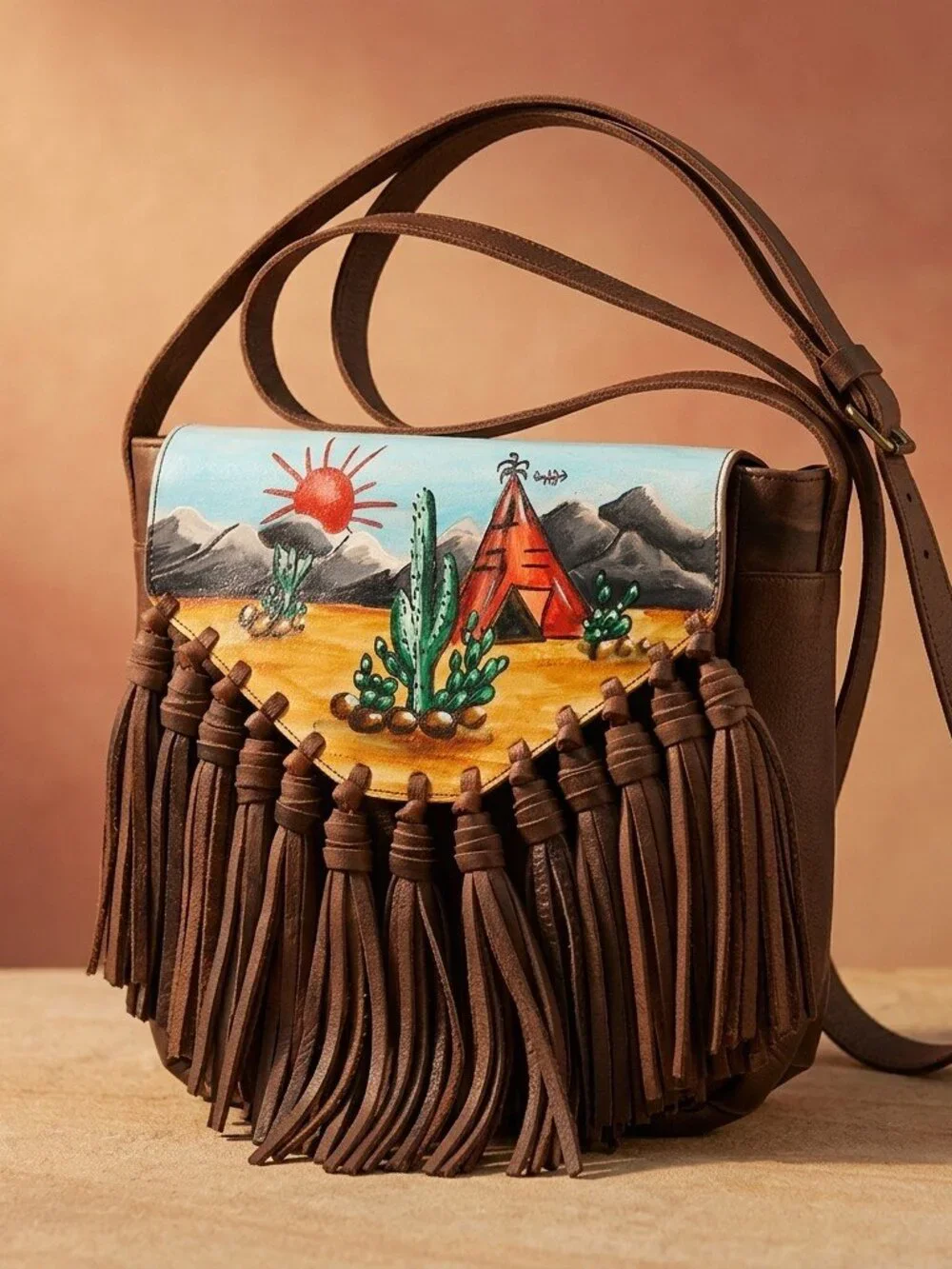 American Darling Cherokee Sunsets Fringe Hand painted Crossbody Satchel